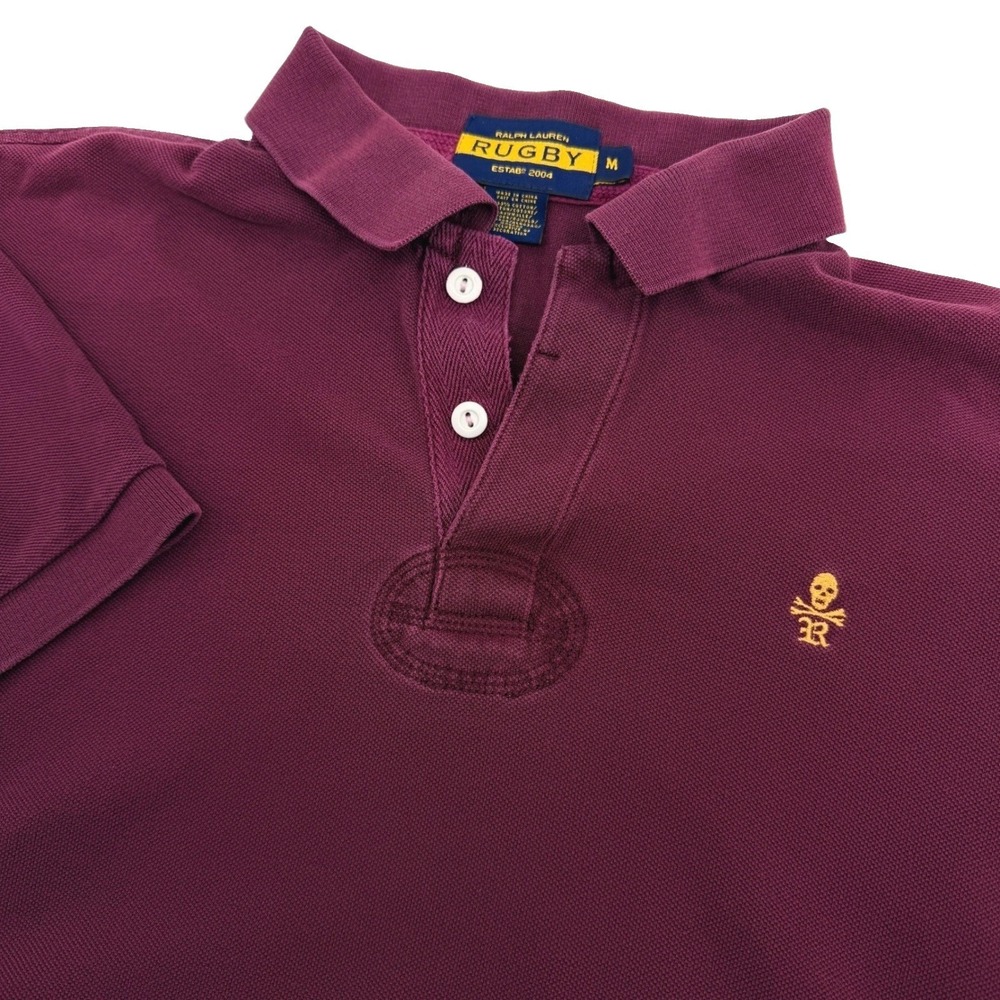 Ralph Lauren Rugby Polo Shirt Mens M Maroon Skull Crossbones Slim Sporty Vtg